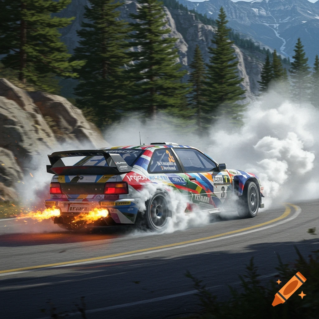 A colorful rally car drifts around a mountain road, billowing smoke from its tires and flames from its exhaust pipes.
