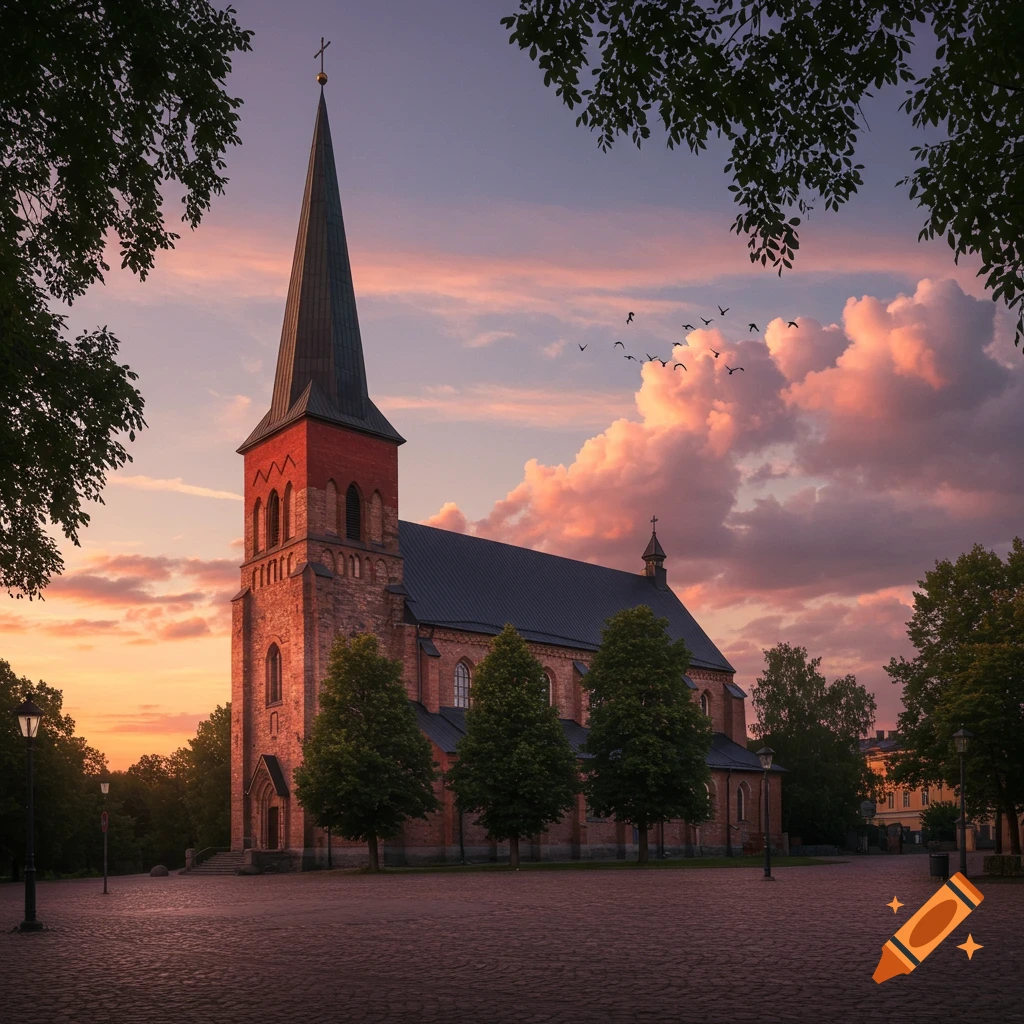 A grand church with a tall spire stands against a vibrant sunset sky filled with pink clouds and flying birds.