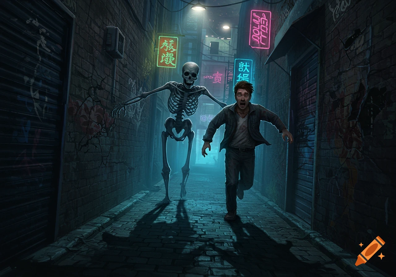 A terrified man runs through a dark, neon-lit alley while being chased by a skeleton in a horror-fantasy art style.
