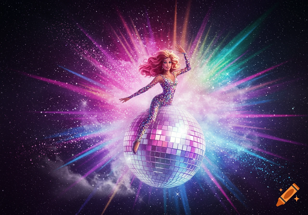 A vibrant digital painting of a woman with pink hair in a sparkly jumpsuit, striking a pose on a disco ball amid a colorful burst of light in space.