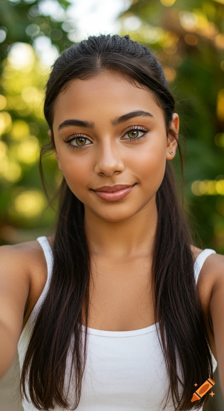Close-up portrait of a young woman with dark hair and striking green ...
