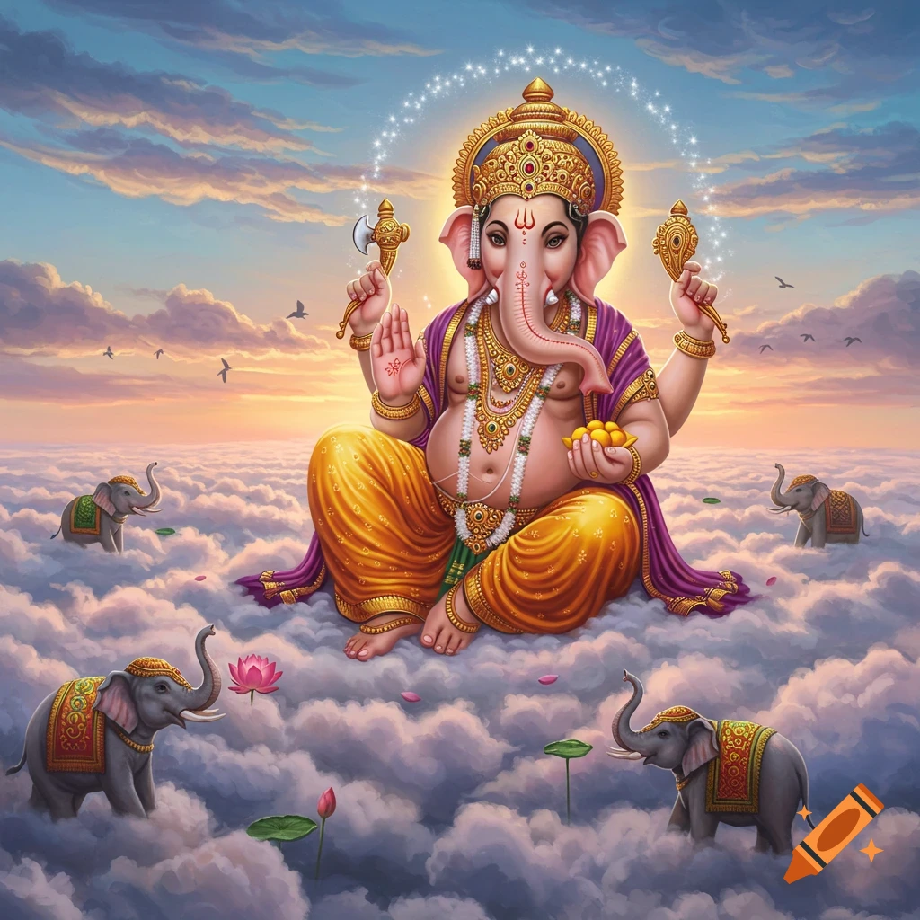 A vibrant illustration of Lord Ganesha sitting on a cloud with four elephants, lotus flowers, and a beautiful sunset sky.