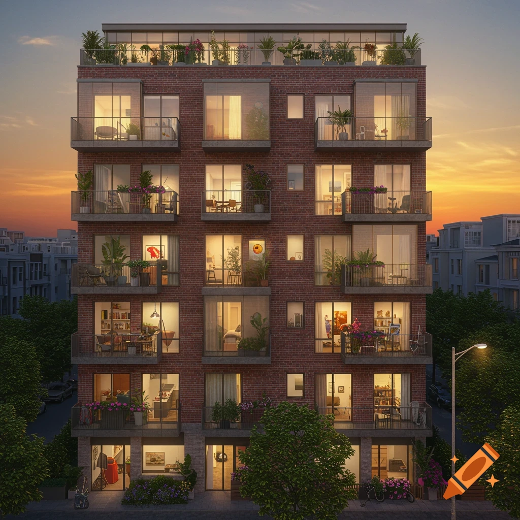 A photorealistic rendering of a modern brick apartment building with many lighted windows and balconies at sunset, surrounded by trees.