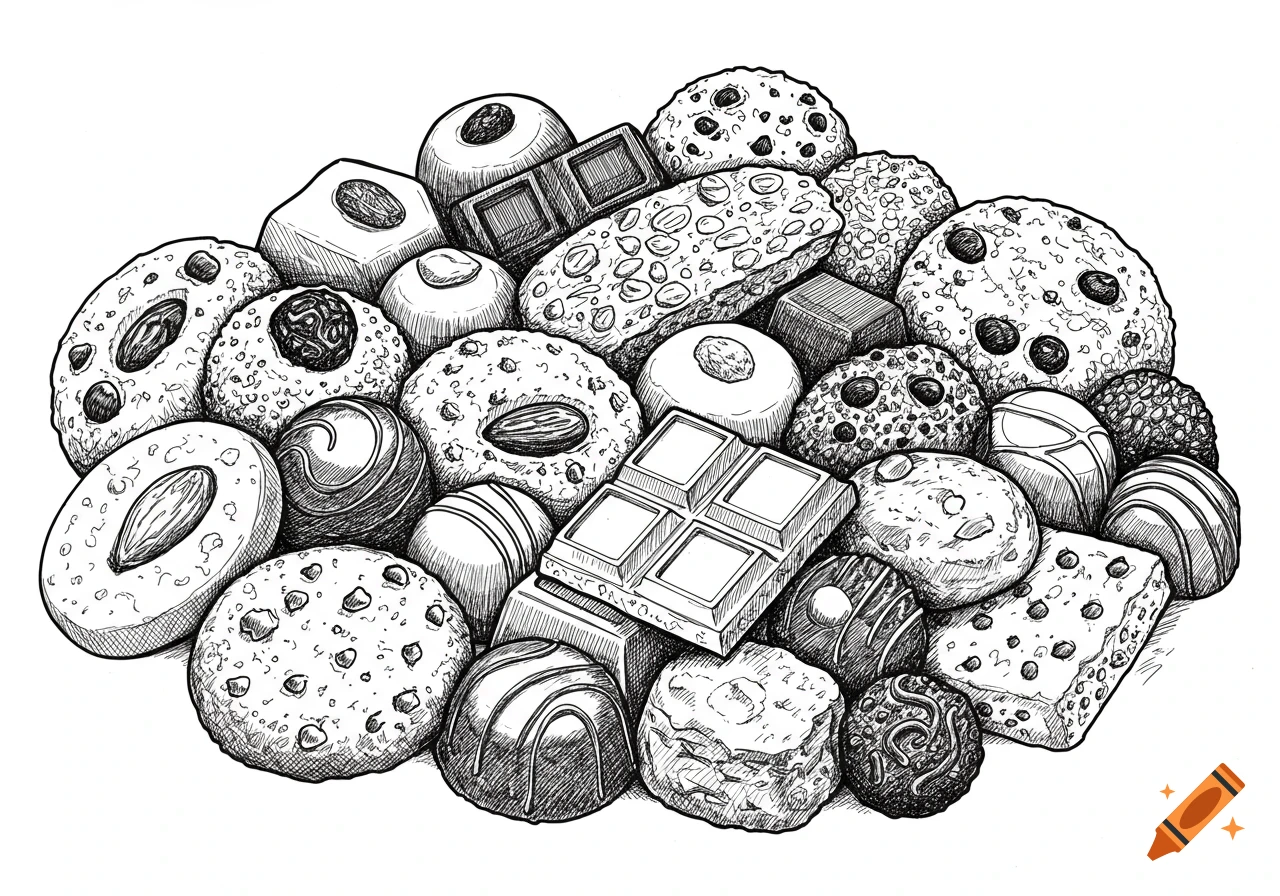 A line art illustration of a mound of various chocolates and cookies.