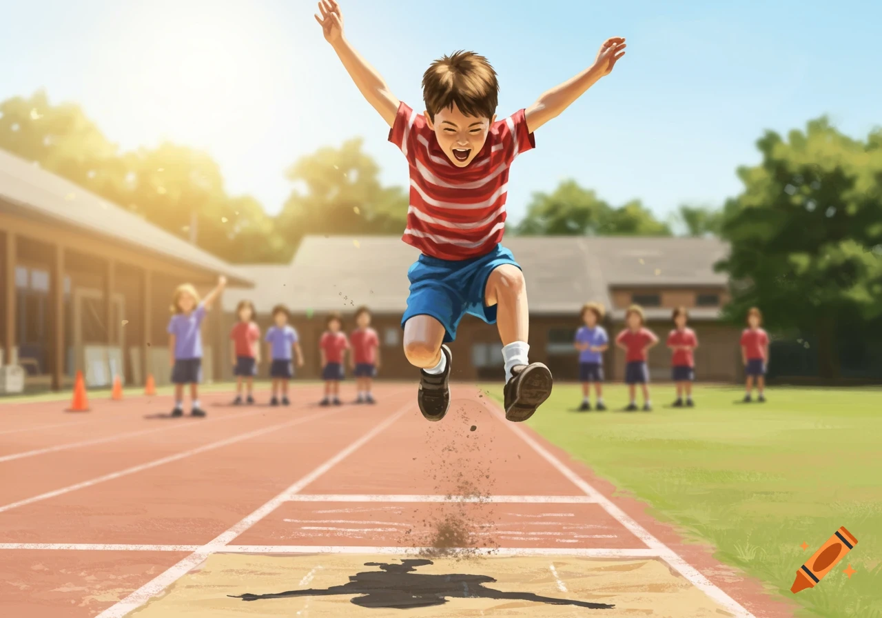 A young boy in a striped shirt and blue shorts joyfully leaps into a long jump sand pit, kicking up sand, with other children watching in the background.