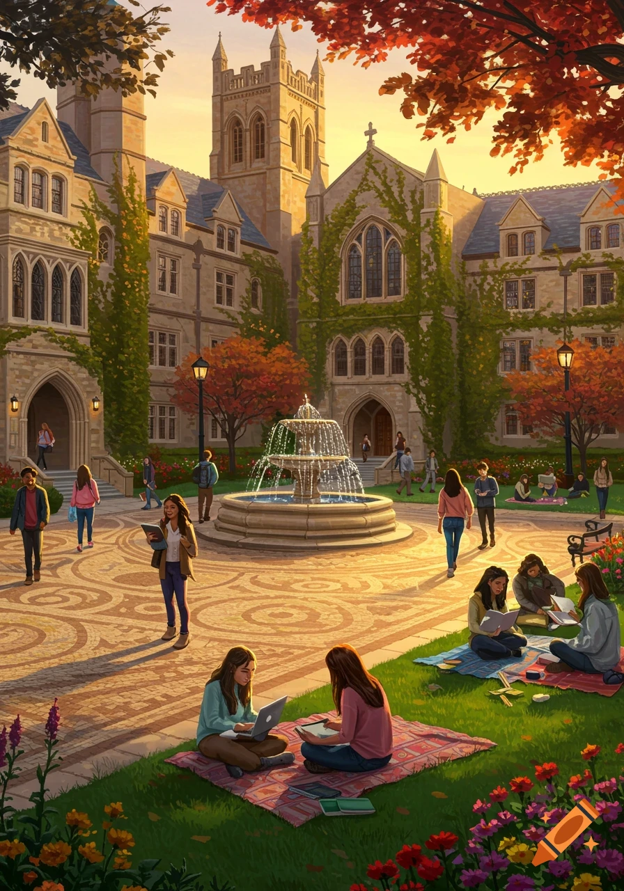 A painterly college campus courtyard in autumn, with students walking and studying around a fountain and ivy-covered buildings under a golden sky.
