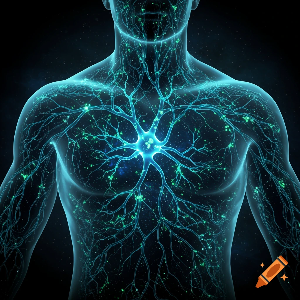 A translucent human torso illuminated by glowing blue and green neural networks, with a central bright blue neuron.