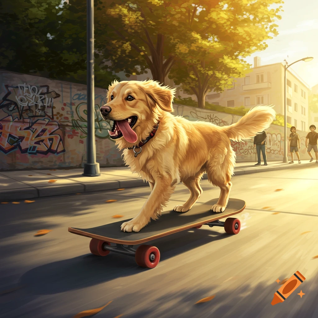 A happy golden retriever dog rides a skateboard on a sunny street with graffiti walls in an animated style.