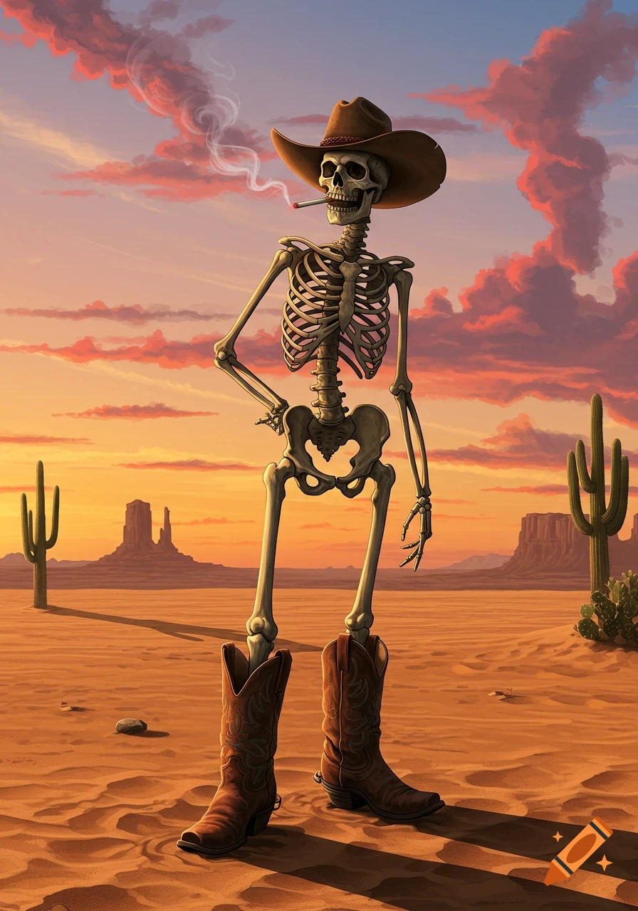 A cartoonish skeleton wearing a cowboy hat and boots smokes a cigarette in a vast desert landscape at sunset.