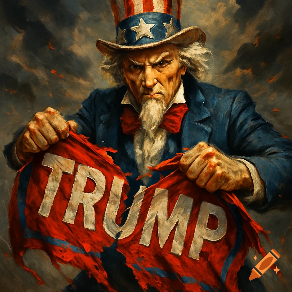 Uncle Sam fiercely tears a red flag with the word 'TRUMP' in a dramatic, painterly style against a stormy background.