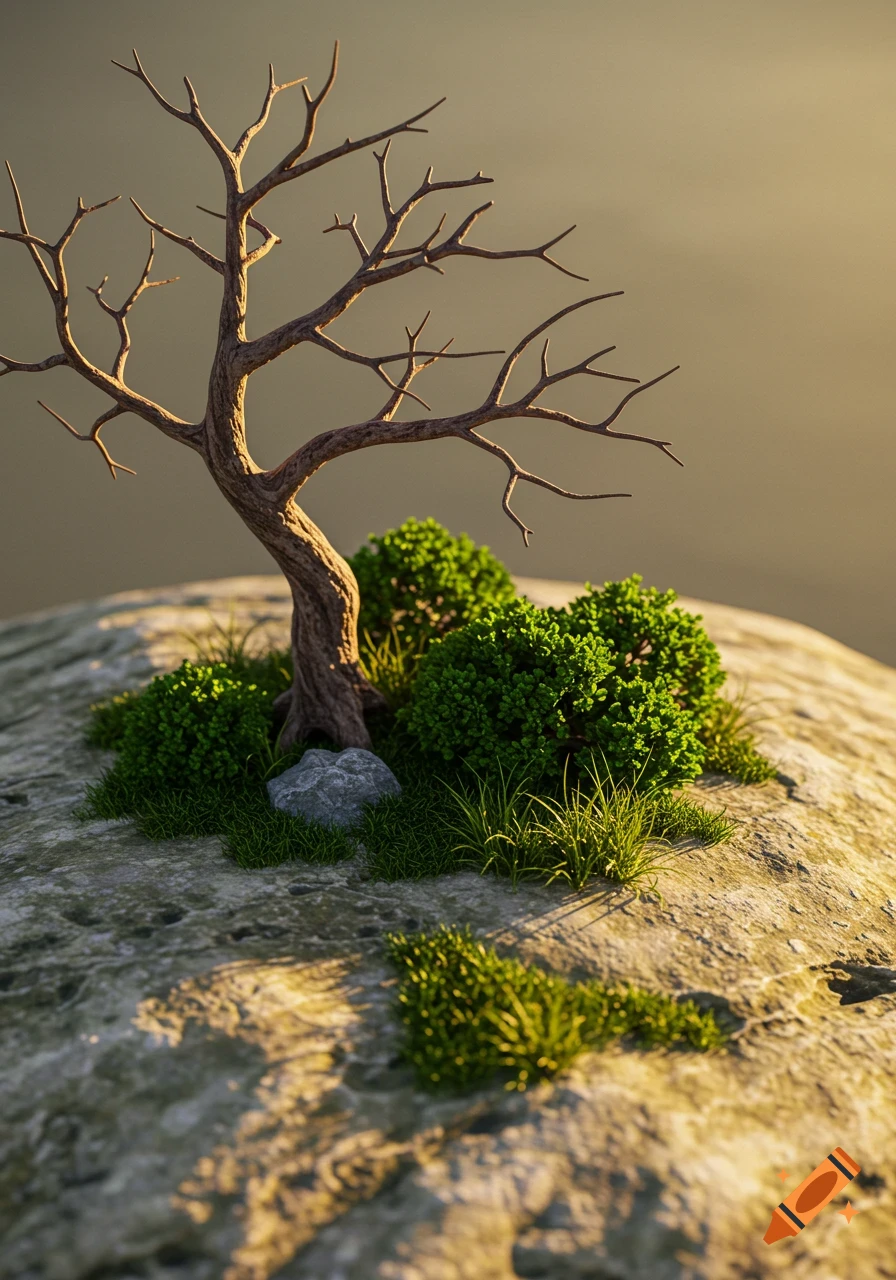 A photorealistic miniature landscape featuring a gnarled, leafless bonsai tree and green bushes on a rocky surface.