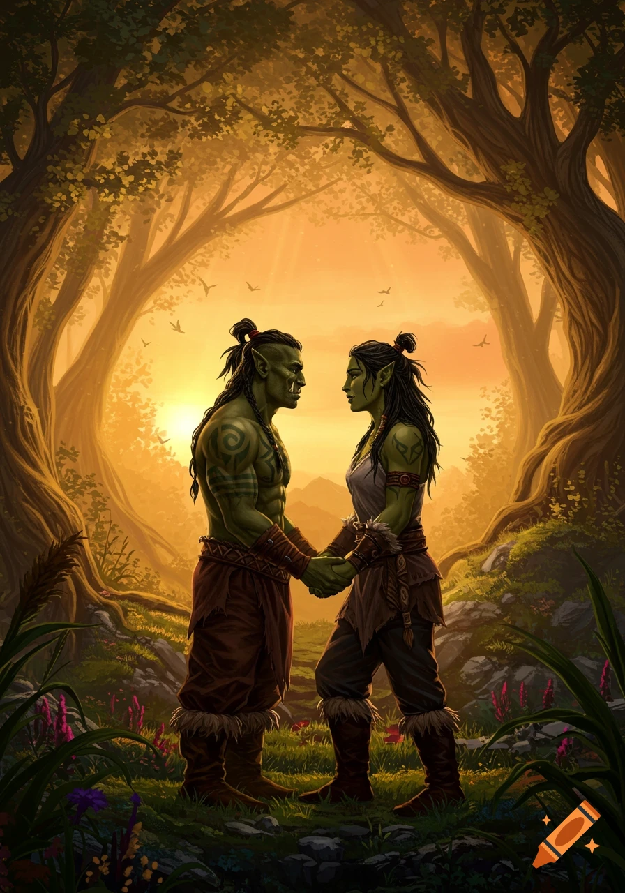 Male and female orcs holding hands, looking at each other in a magical forest at sunset, detailed fantasy art.