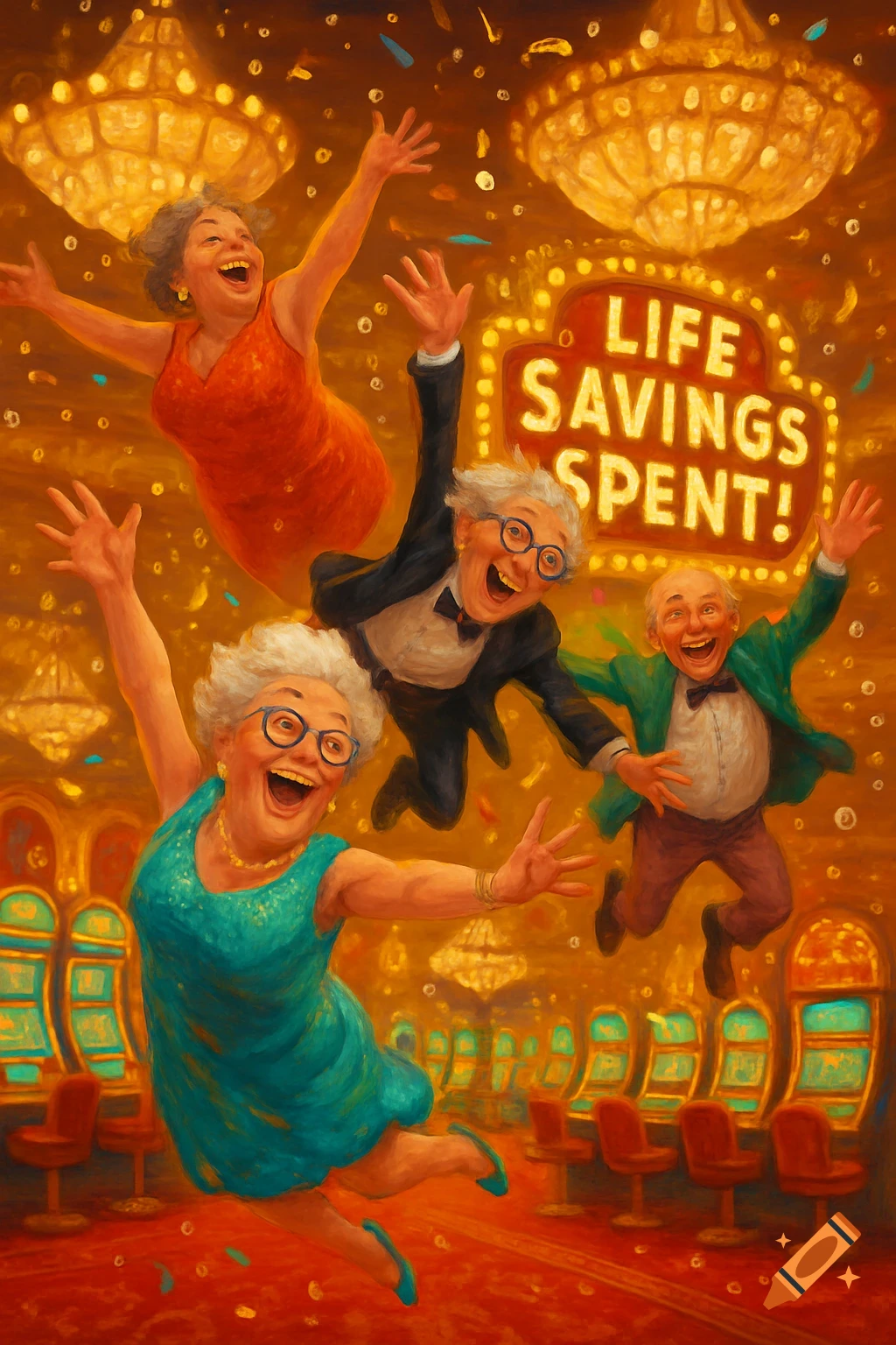 A humorous painting shows three ecstatic seniors floating joyfully in a vibrant casino with slot machines, beneath a sign saying "LIFE SAVINGS SPENT!"