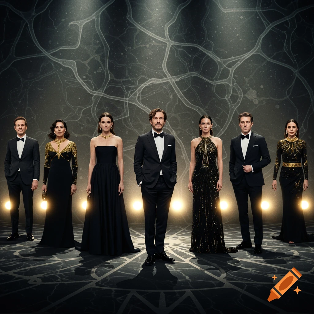 Six people in black and gold formal attire stand in spotlights on a dark, patterned stage.