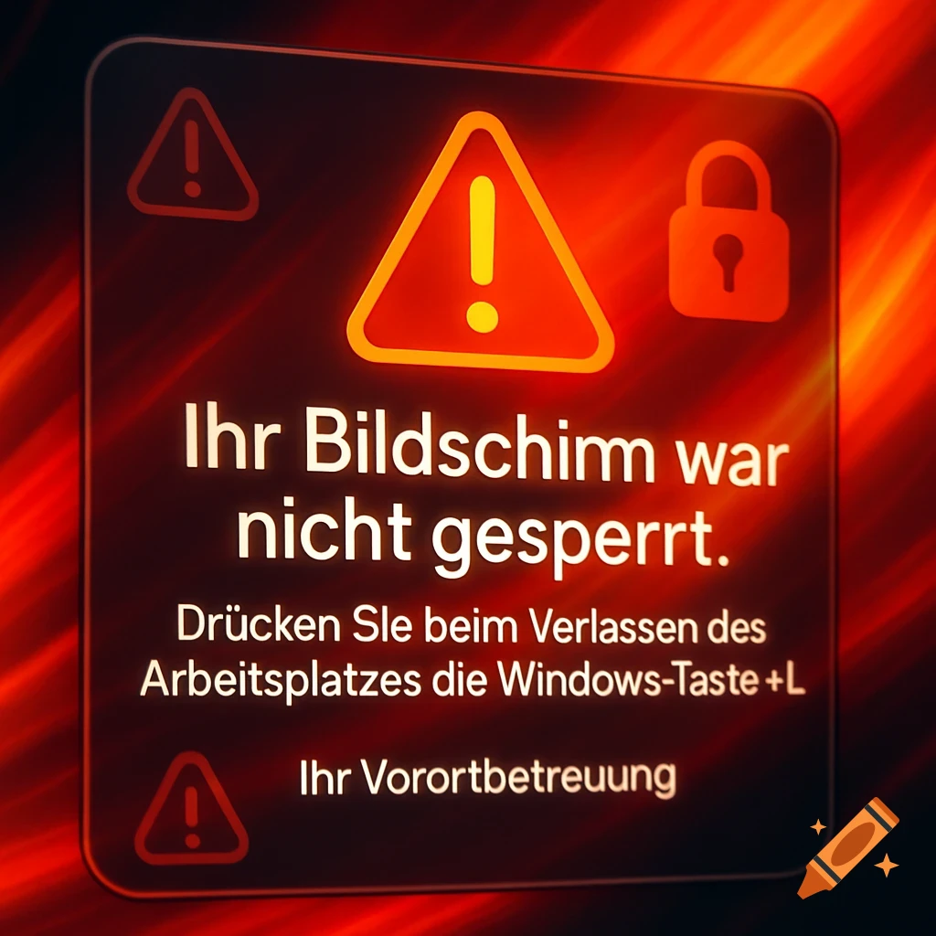 A glowing red digital warning sign with an exclamation mark and padlock, displaying German text about an unlocked screen.