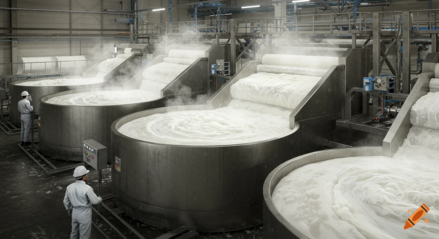 Photorealistic industrial factory interior with large stainless steel tanks full of white pulp, steam rising, and workers monitoring gauges.
