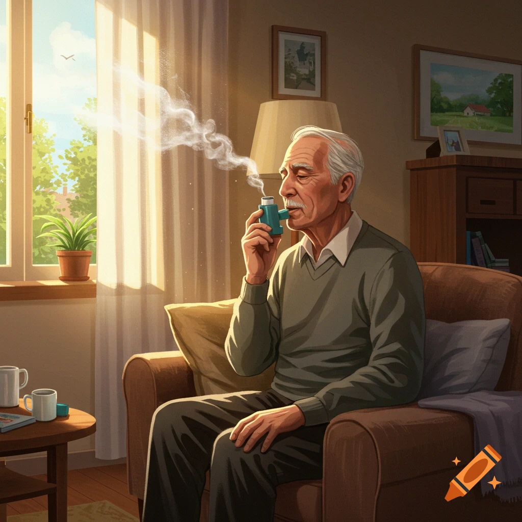 Elderly man in an armchair using an inhaler, with light streaming through a window.