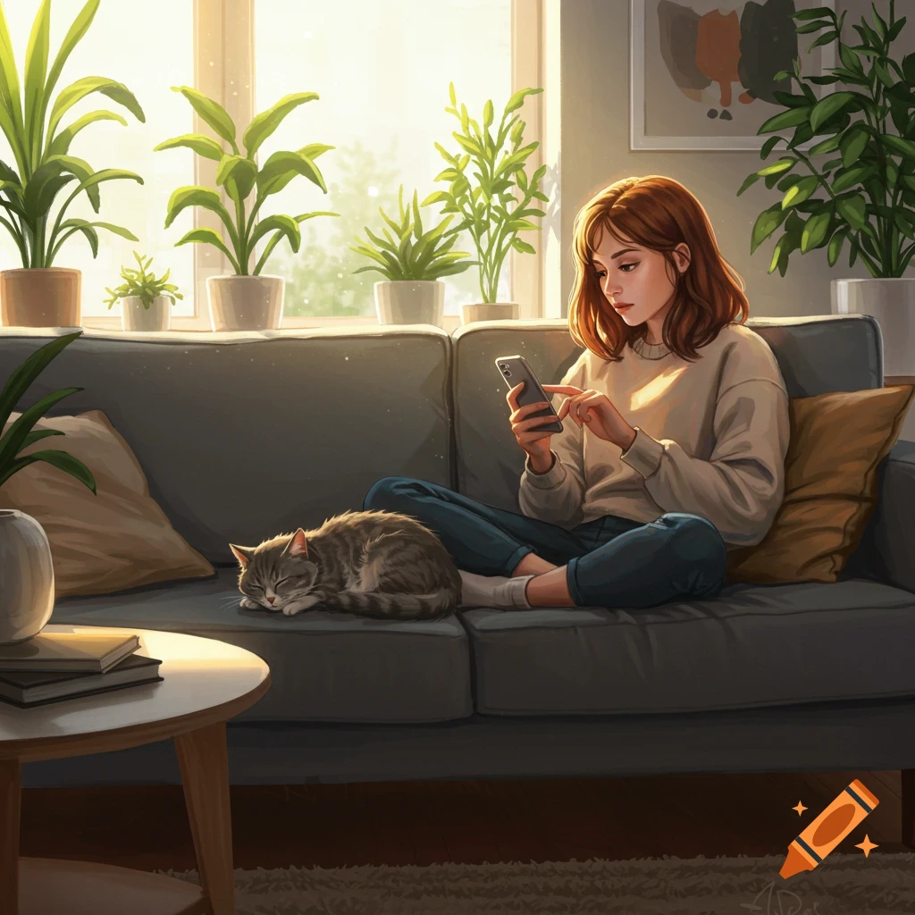 Digital illustration of a young woman on a couch, using a smartphone, with a sleeping cat and potted plants.
