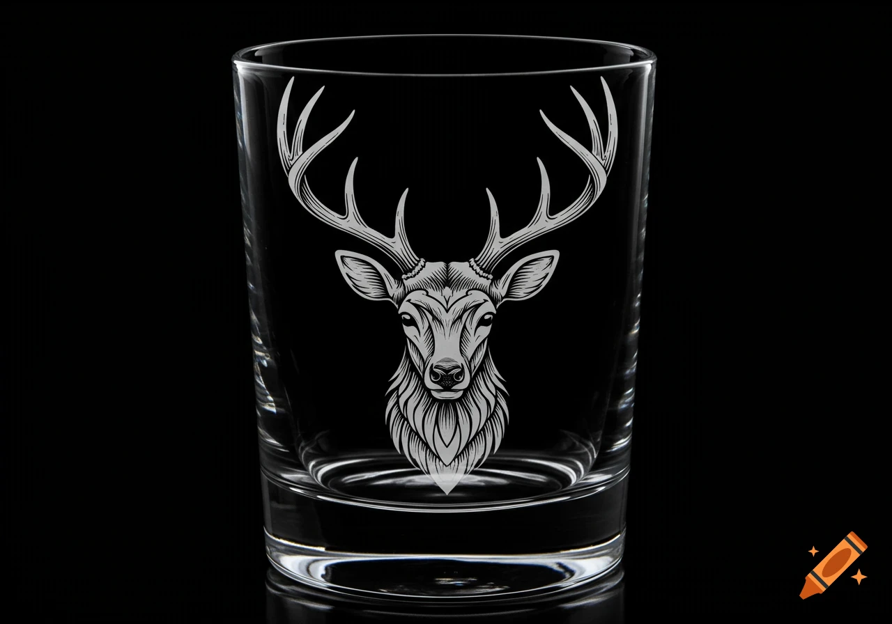 A stylized deer head is engraved on a clear whiskey glass, set against a black background.