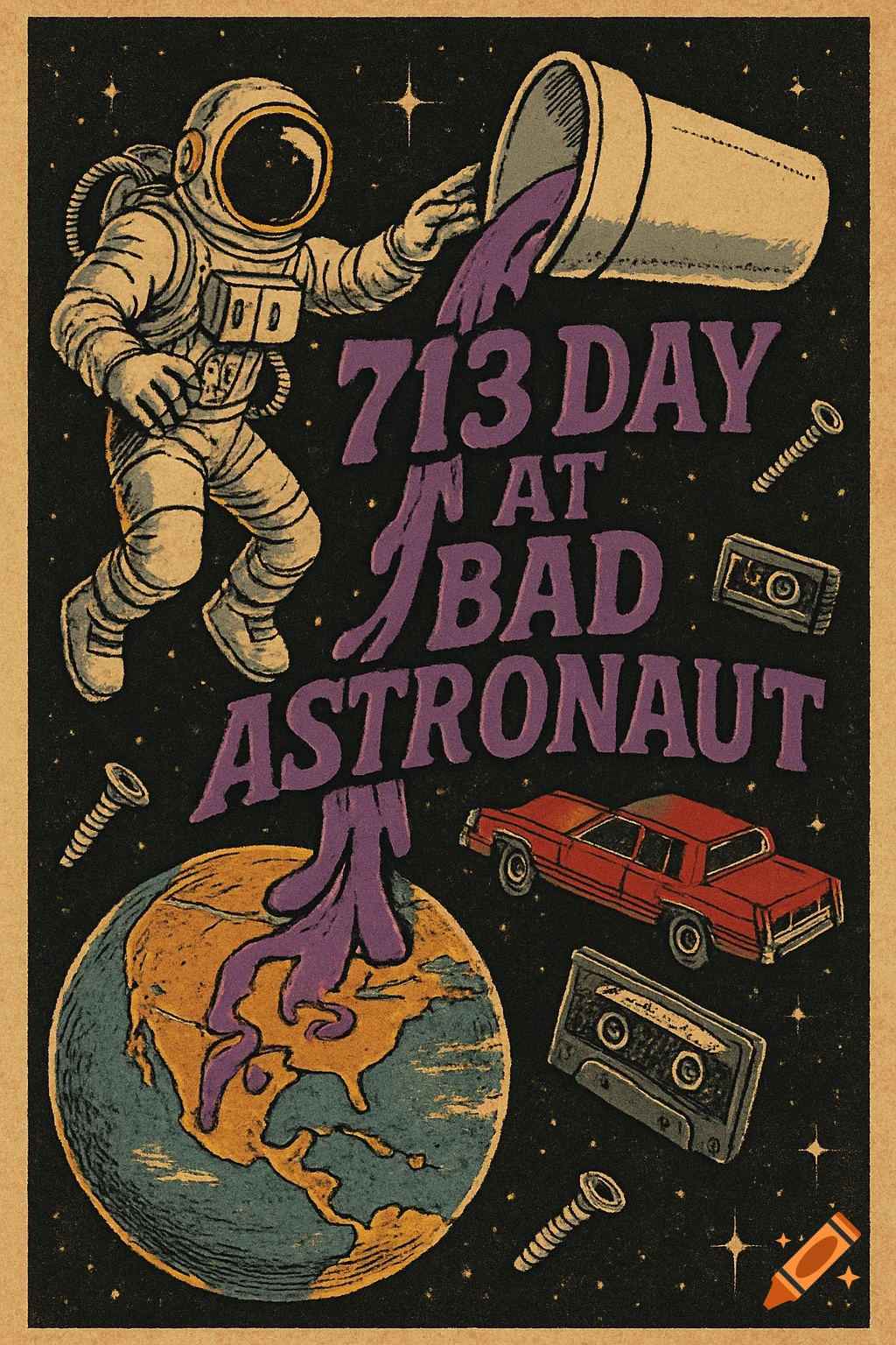 Vintage comic art style illustration of an astronaut pouring purple liquid from a cup onto Earth, forming the words "713 DAY AT BAD ASTRONAUT" in space with a red Cadillac and cassette tapes.