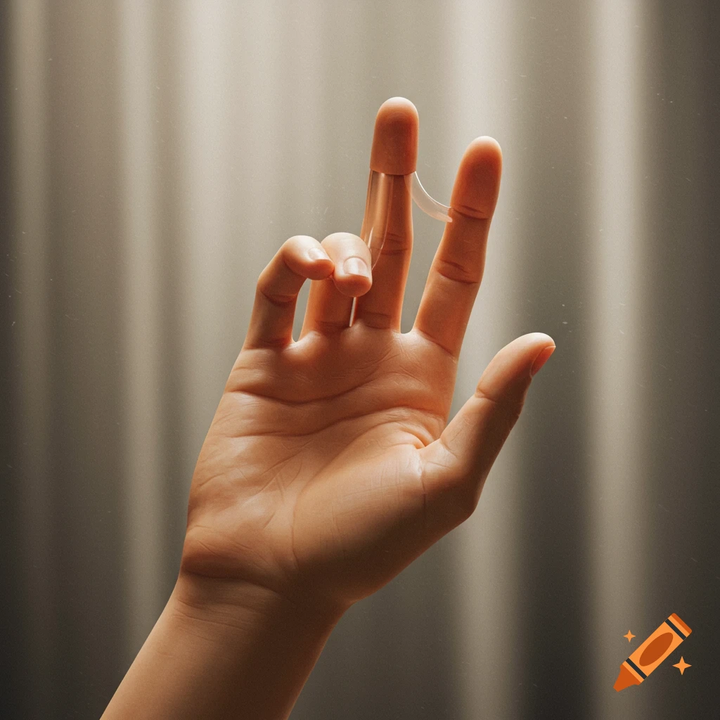 A human hand with a translucent, plastic-like extension on its index and middle fingers, creating the illusion of an extra digit.