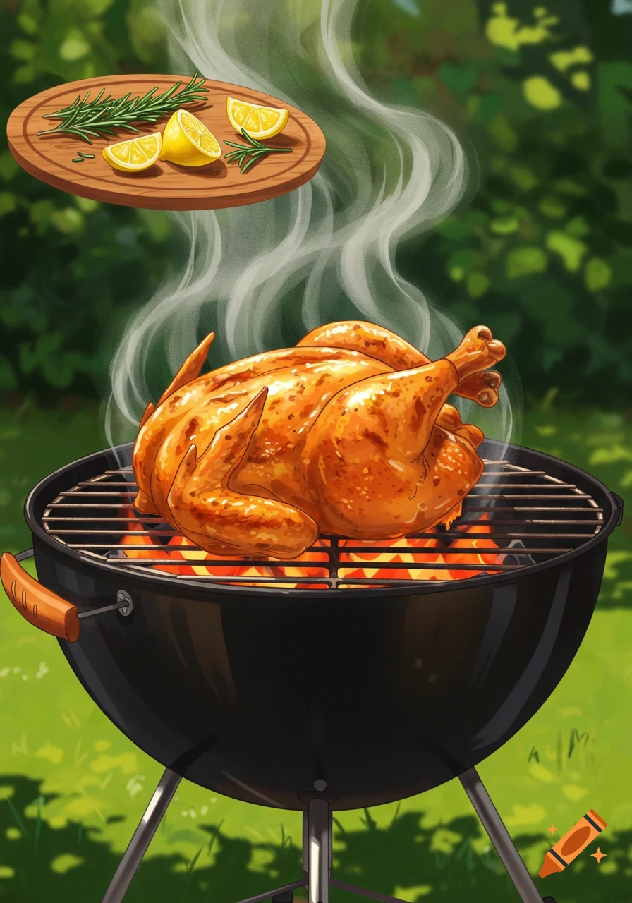 A roasted chicken sits on a smoking charcoal grill outdoors, with lemons and rosemary on a wooden board above.