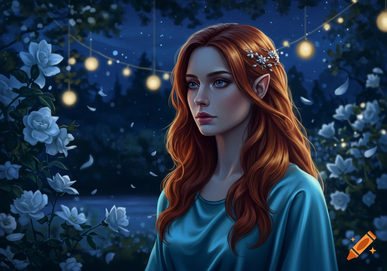 A red-haired elf woman with pointed ears and flowers in her hair stands ...