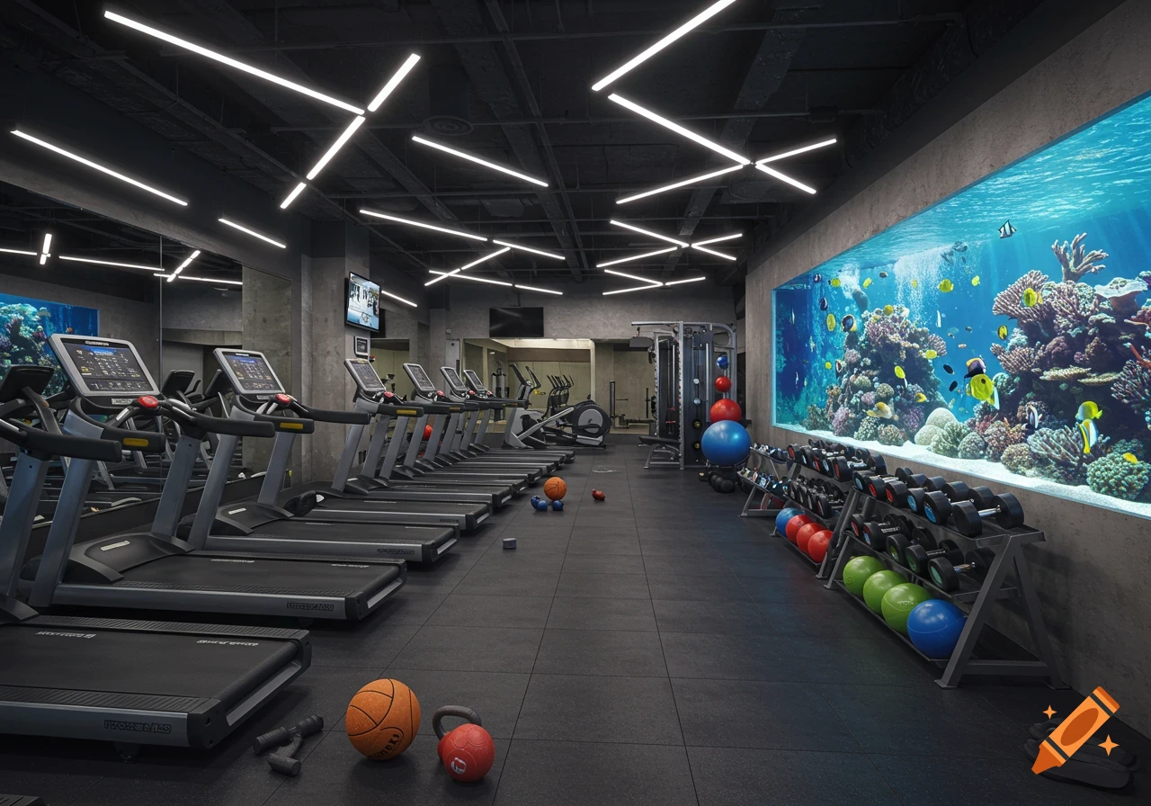 A modern gym with rows of treadmills, weights, and sports balls, featuring a large, vibrant aquarium wall filled with coral and fish.