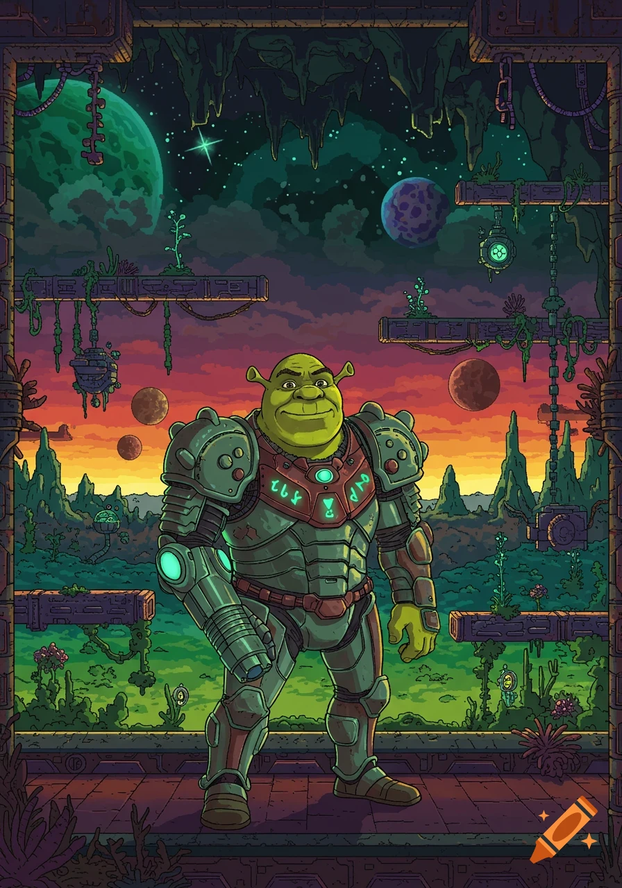 Shrek wearing green power armor on an alien planet with multiple moons in a 2D pixel art style.