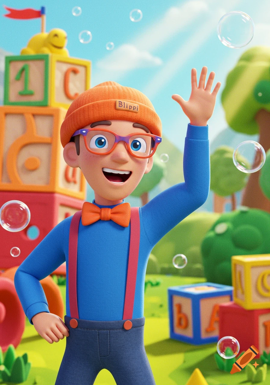 A cheerful animated Blippi in his signature orange hat and blue outfit, waving amidst bubbles and colorful building blocks in a bright outdoor setting.
