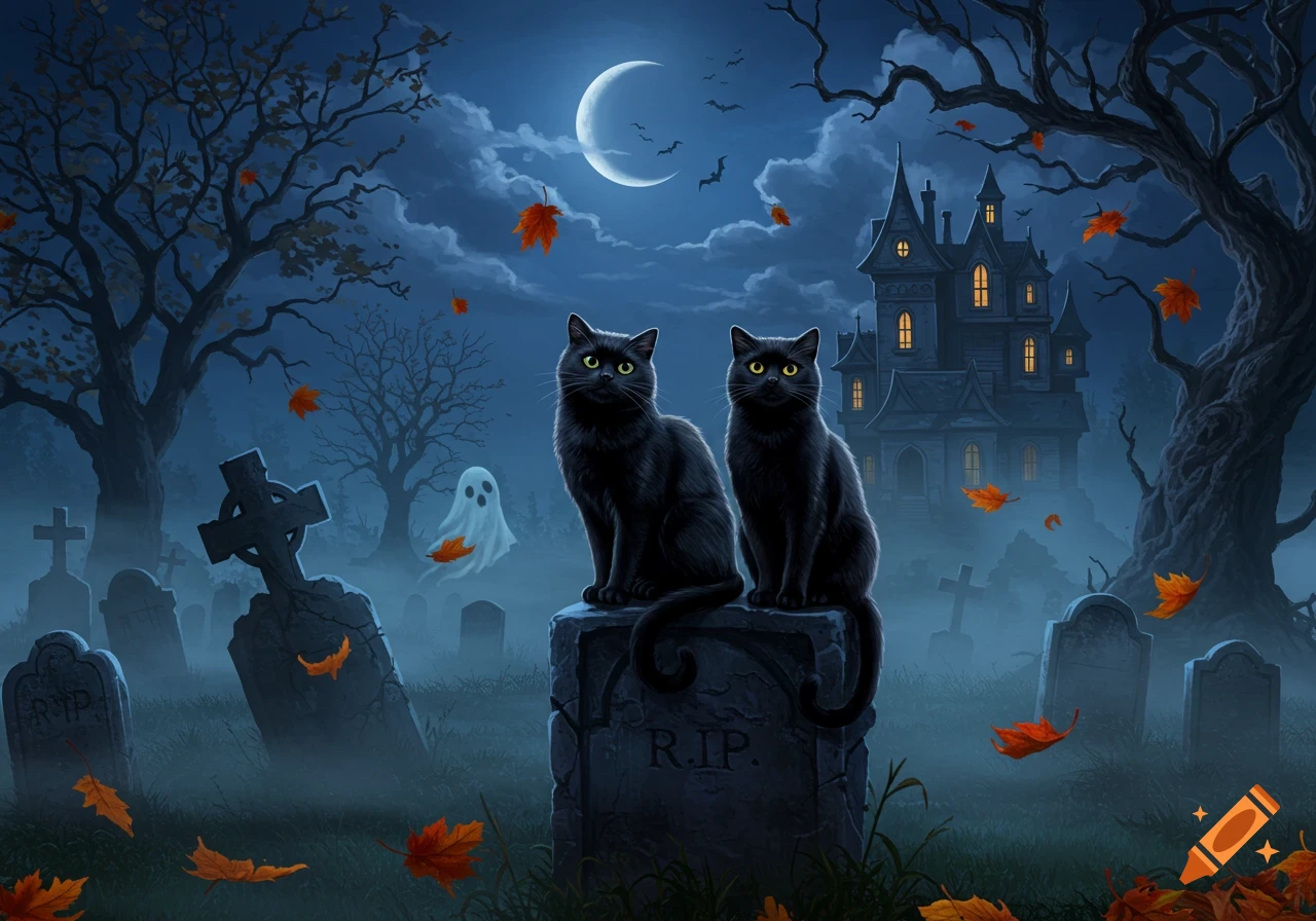 Two black cats with yellow eyes sit on a tombstone in a spooky Halloween graveyard with a haunted house, ghost, and crescent moon under a cloudy night sky, digital art.