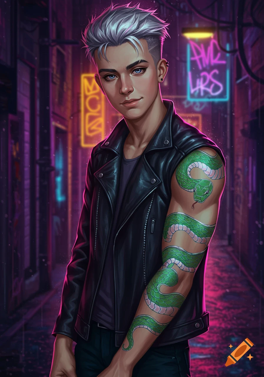 A young man with silver hair and blue eyes, wearing a black leather jacket and a green snake tattoo, stands in a neon-lit urban alley, in a digital art style.
