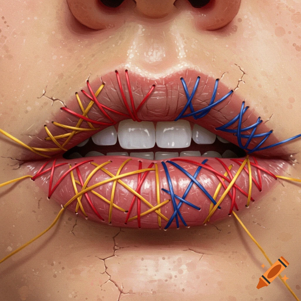 Close-up digital illustration of a mouth with lips sewn together with colorful red, yellow, and blue threads, and cracked skin.