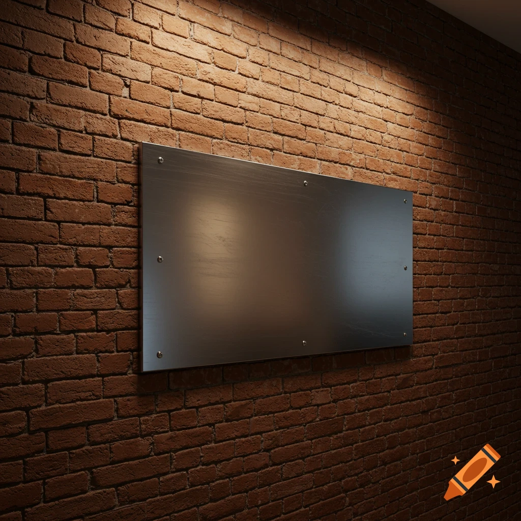 A rectangular blank stainless steel plate mounted on a red brick wall, illuminated by a spotlight from above.