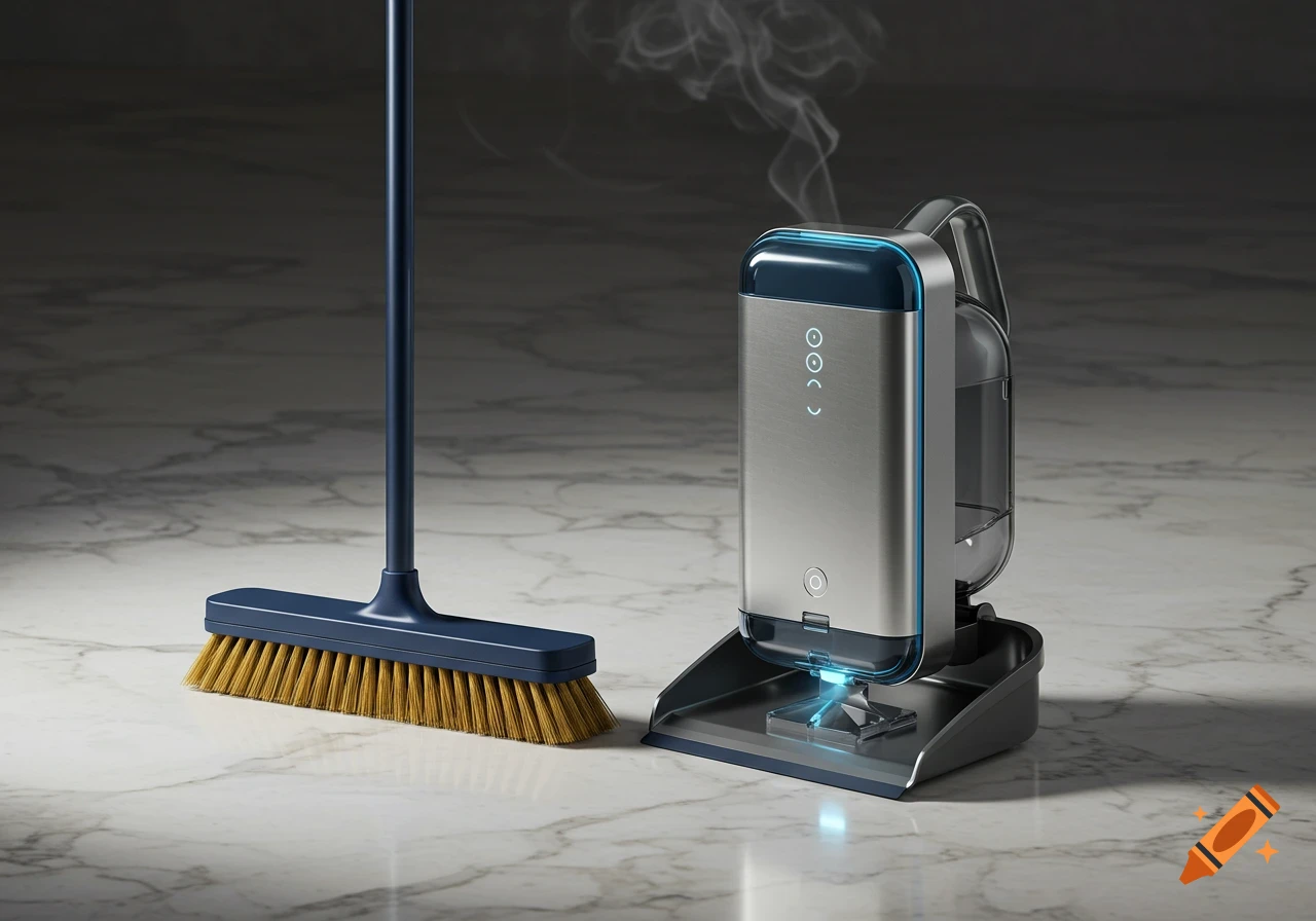 A blue broom with golden bristles stands next to a futuristic silver and blue vacuum-dustpan hybrid emitting smoke on a marbled floor.