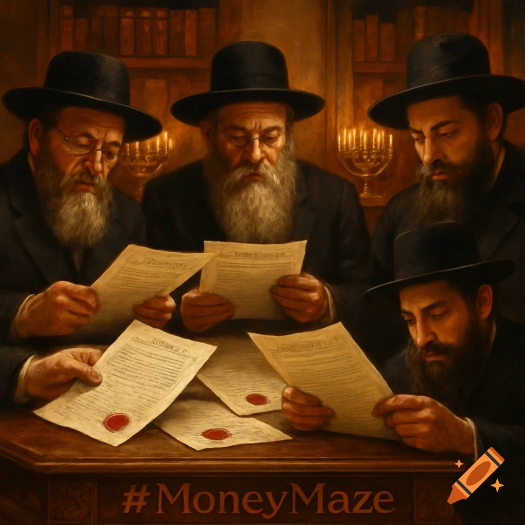 Four bearded Jewish rabbis in black hats read documents at a table, painted in a dark, detailed oil style, with a menorah in the background and '#MoneyMaze' at the bottom.