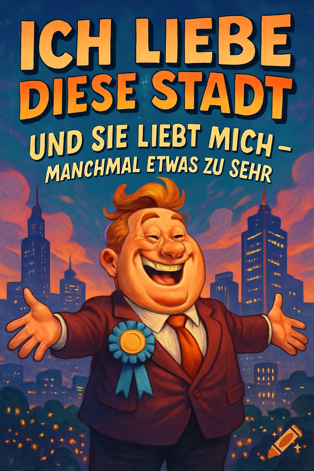 Cartoon election poster of a cheerful man in a suit with a rosette, arms open, against a city skyline. Text: 'Ich liebe diese Stadt und sie liebt mich - manchmal etwas zu sehr'.