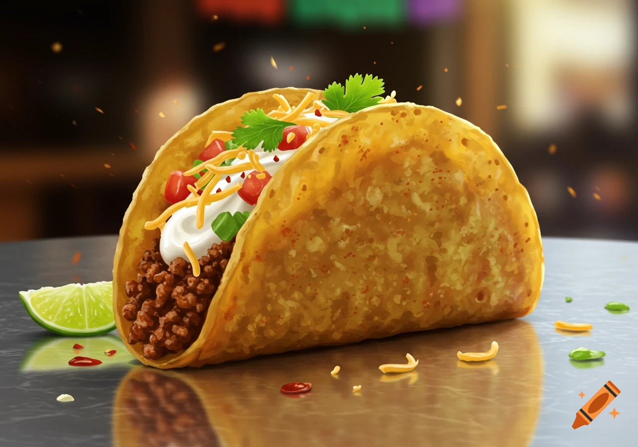 A vibrant, detailed illustration of a loaded hard-shell taco with ground beef, cheese, tomatoes, sour cream, and cilantro, next to a lime wedge on a reflective dark surface.