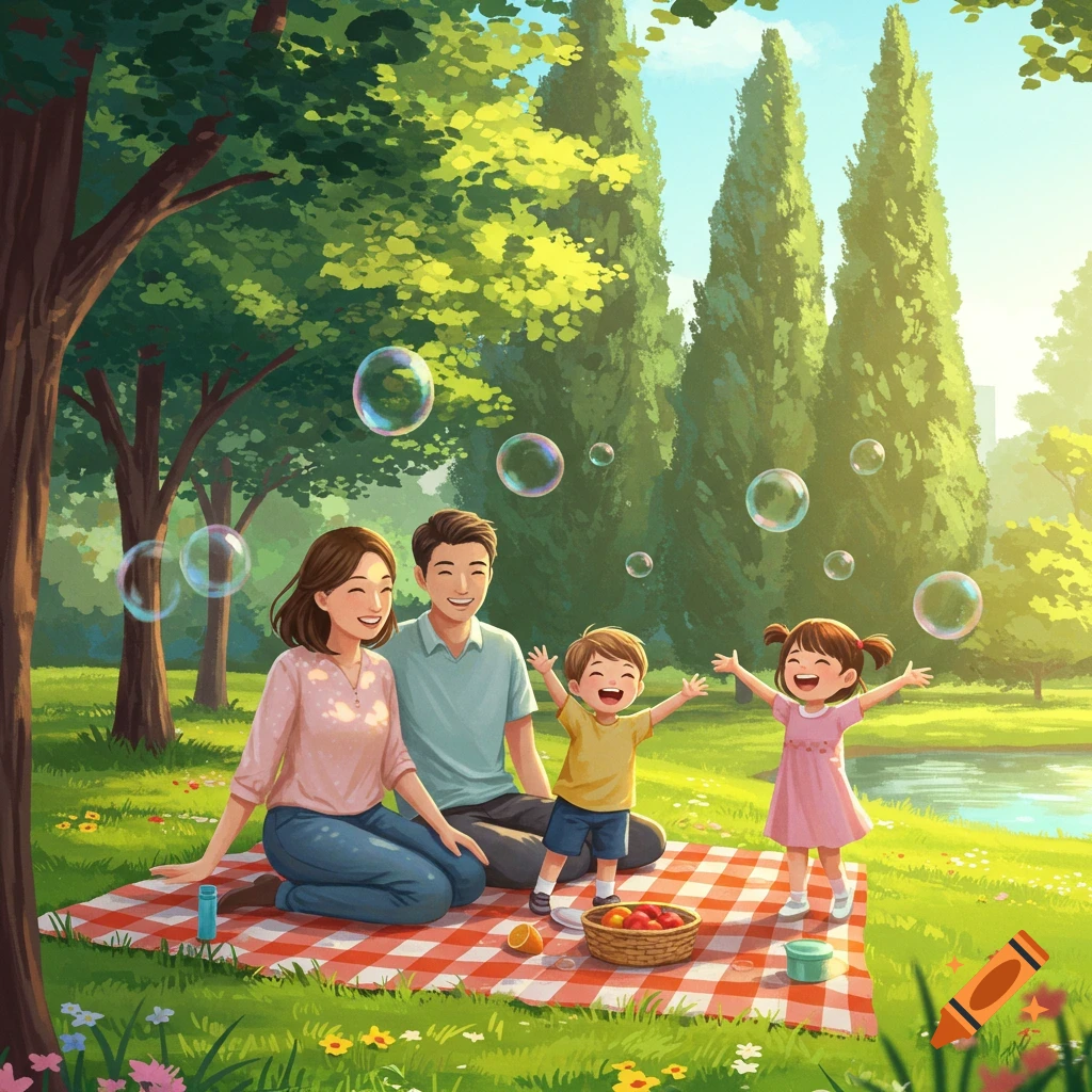 A happy family of four on a sunny picnic in a vibrant park, parents watching two children play with bubbles, in an illustrated style.
