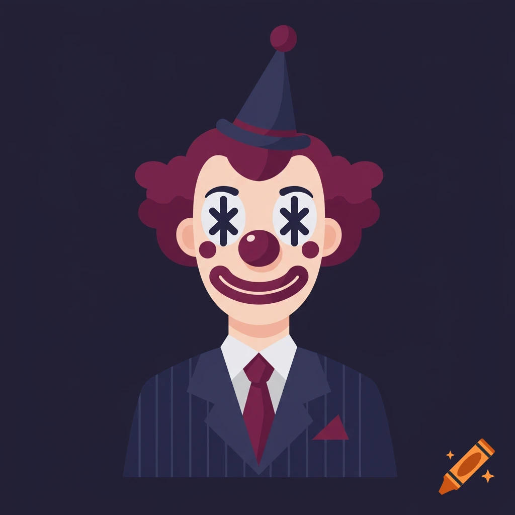 A flat 2D icon of a clown in a pinstripe suit and party hat, with asterisk-shaped eyes and a red nose.