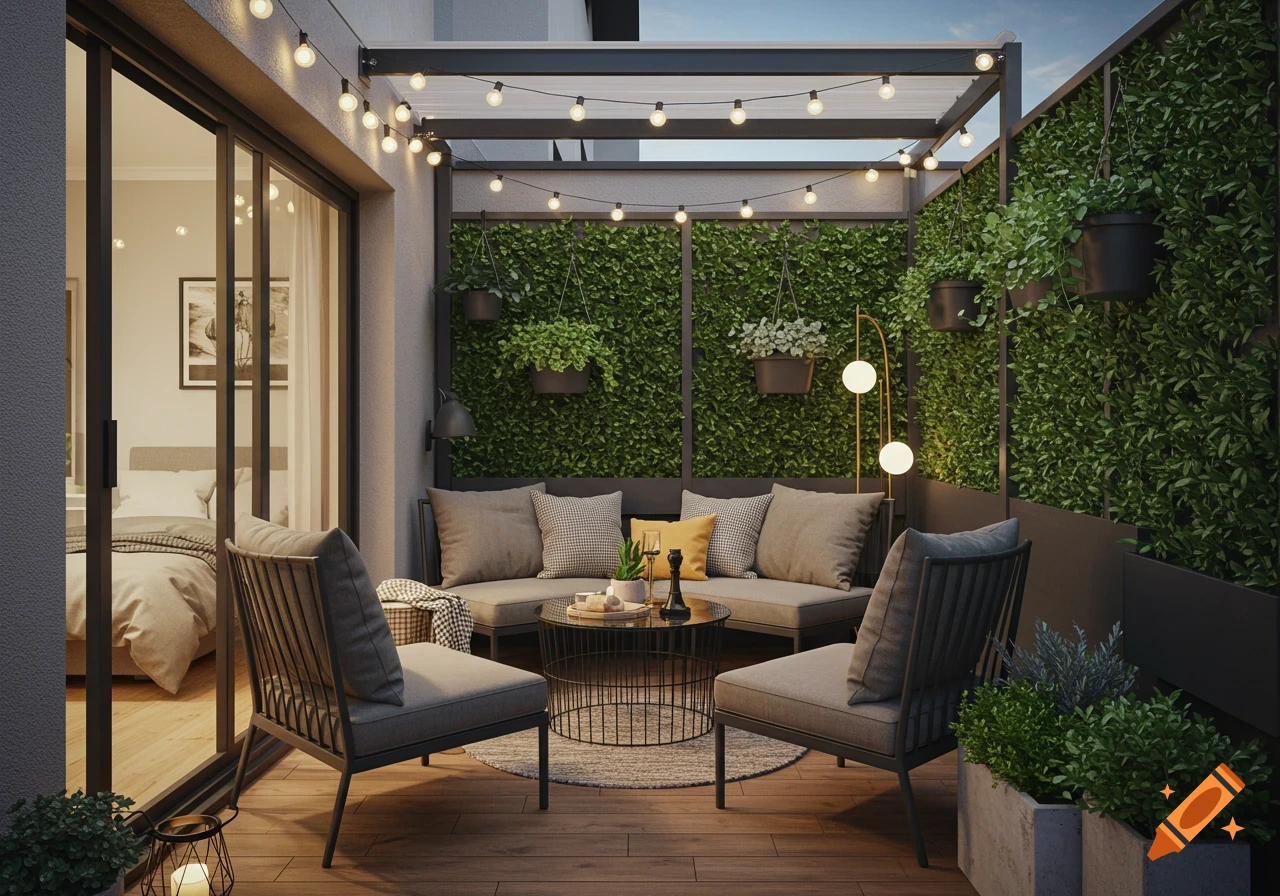 A modern, cozy apartment patio with a sofa, two chairs, string lights, a vertical garden, and bedroom access.