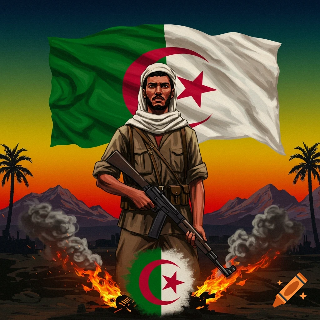 Illustrated Algerian fighter in a keffiyeh holding a rifle, against a backdrop of the Algerian flag, a desert sunset, mountains, palm trees, and revolutionary fires.
