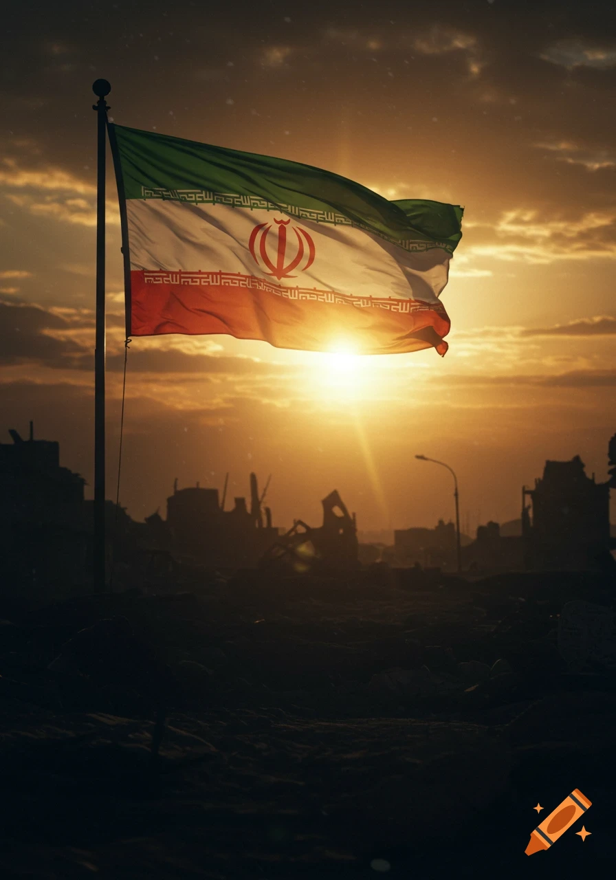 The Iranian flag waves against a dramatic sunset over a desolate, ruined city, with golden light in the center and dark foreground silhouettes.