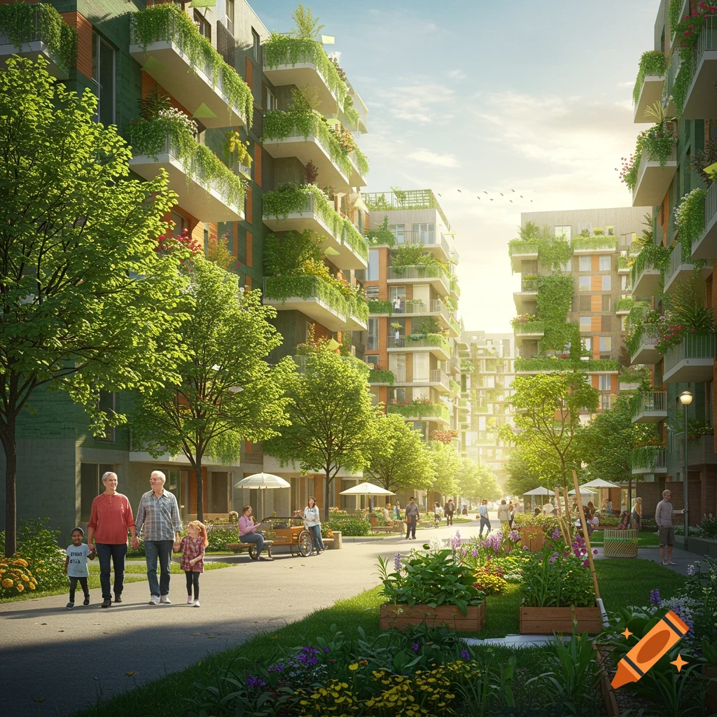 A vibrant green urban neighborhood with modern buildings covered in plants, a walking path, and diverse people enjoying the sunny day.