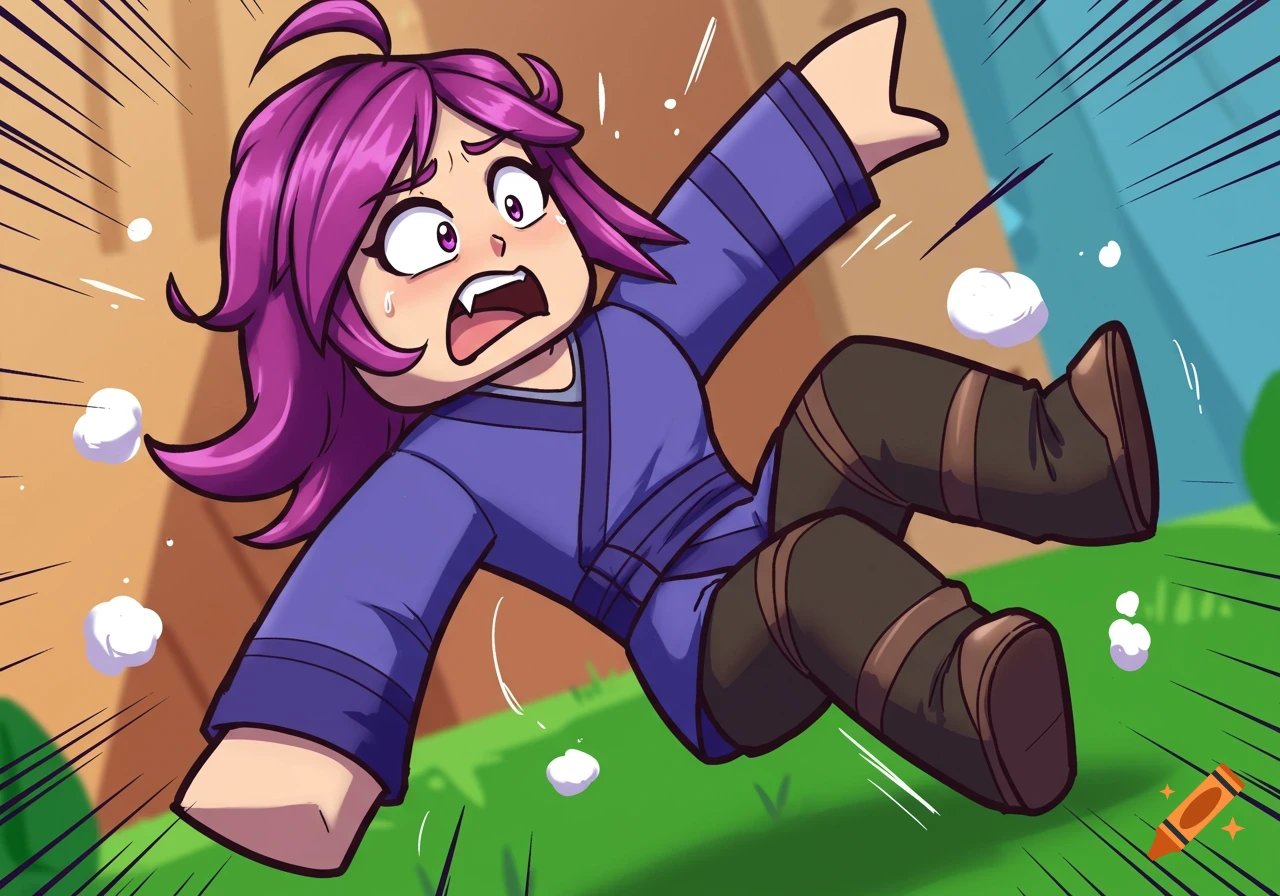 A cartoon character with purple hair and a blue outfit dramatically falls backward in a Roblox 'oof' meme style, with wide eyes and an open mouth, surrounded by motion lines.