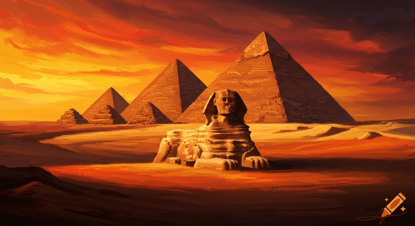 Gesturely painted landscape of the Great Sphinx and pyramids in a desert at sunset, with fiery red, orange, and yellow skies.