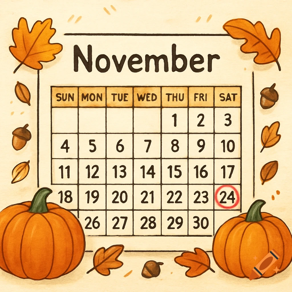 A cartoon-realistic November calendar page with fall decorations like pumpkins, leaves, and acorns. November 24th is circled.