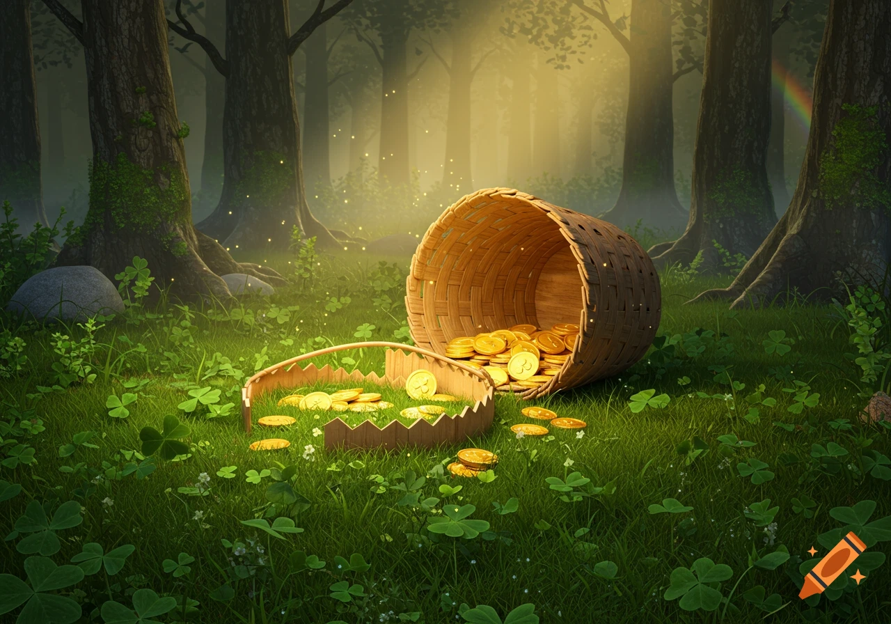 A magical forest scene with a tipped-over basket spilling gold coins onto a clover-filled, mossy ground, with glowing dust and light rays.