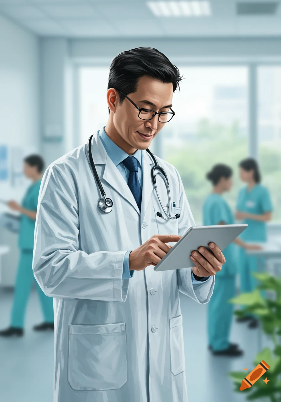 A smiling Asian male doctor in a lab coat and stethoscope uses a tablet in a modern hospital.