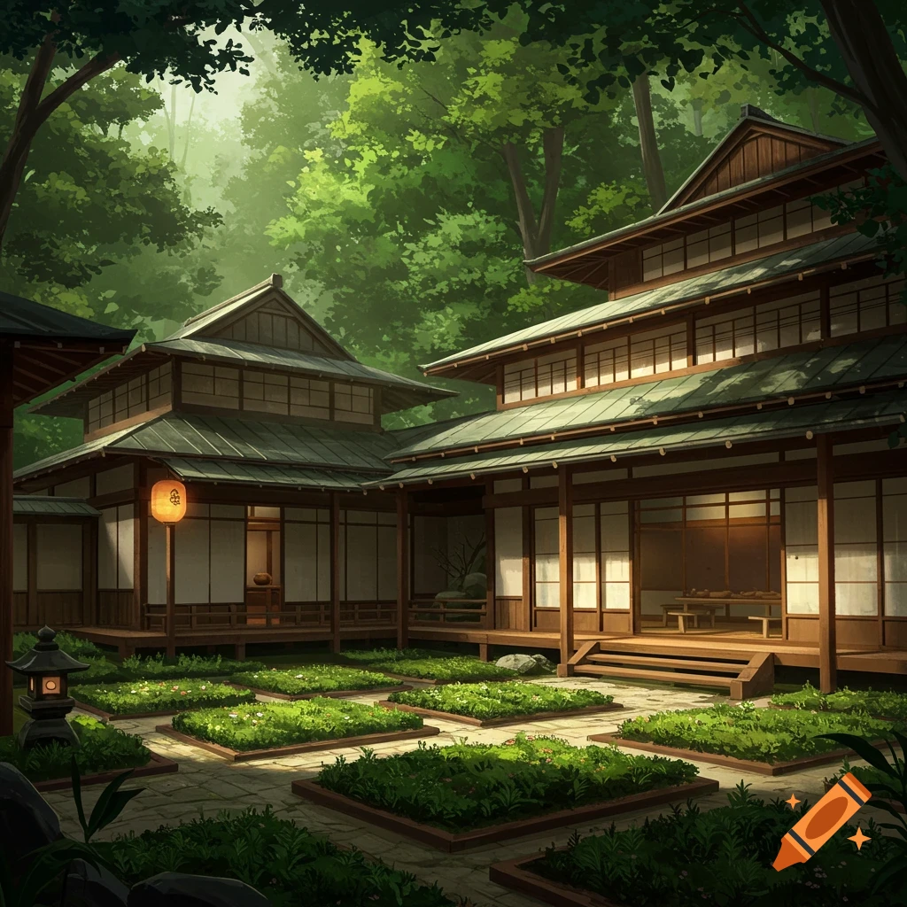 A traditional Japanese house and garden surrounded by a lush green forest, with an orange lantern hanging.